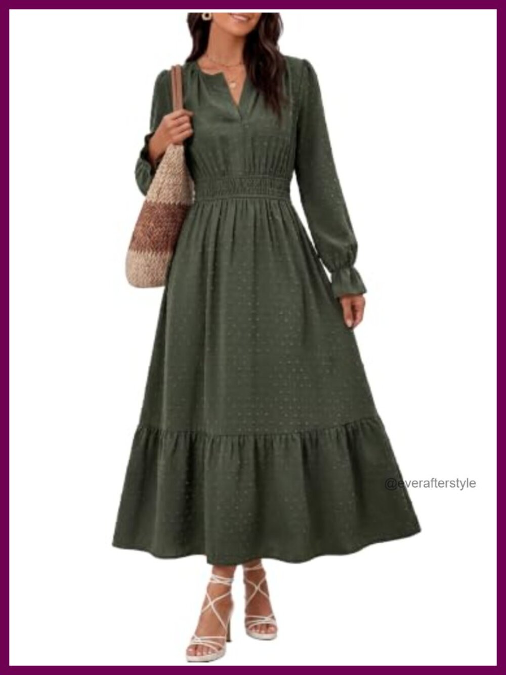 Swiss Dot Long Sleeve V Neck Smocked Tiered Maxi Dress with Pockets